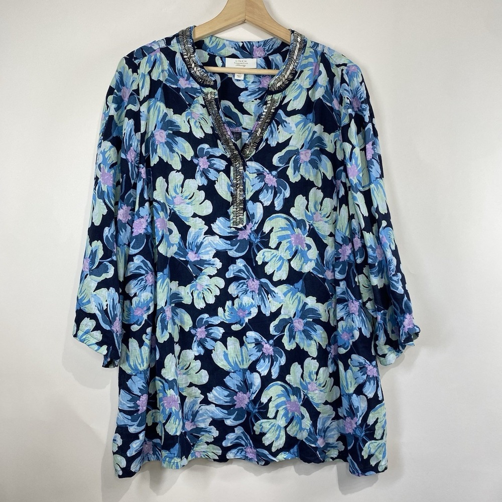 Charter Club Luxury Womens Linen Embellished Floral Tunic Top Size 2X Beaded